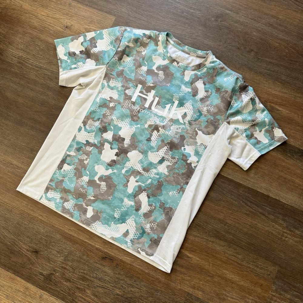 Huk Fishing Performance Fabrics Short Sleeve Blue Camo T‎ Shirt Men's Sz Med